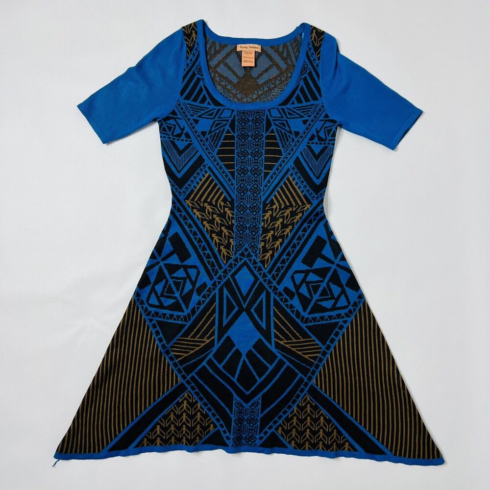 Flying Tomato Size XS Blue Multi Aztec Fit And Flare Asymmetrical Sweater Dress